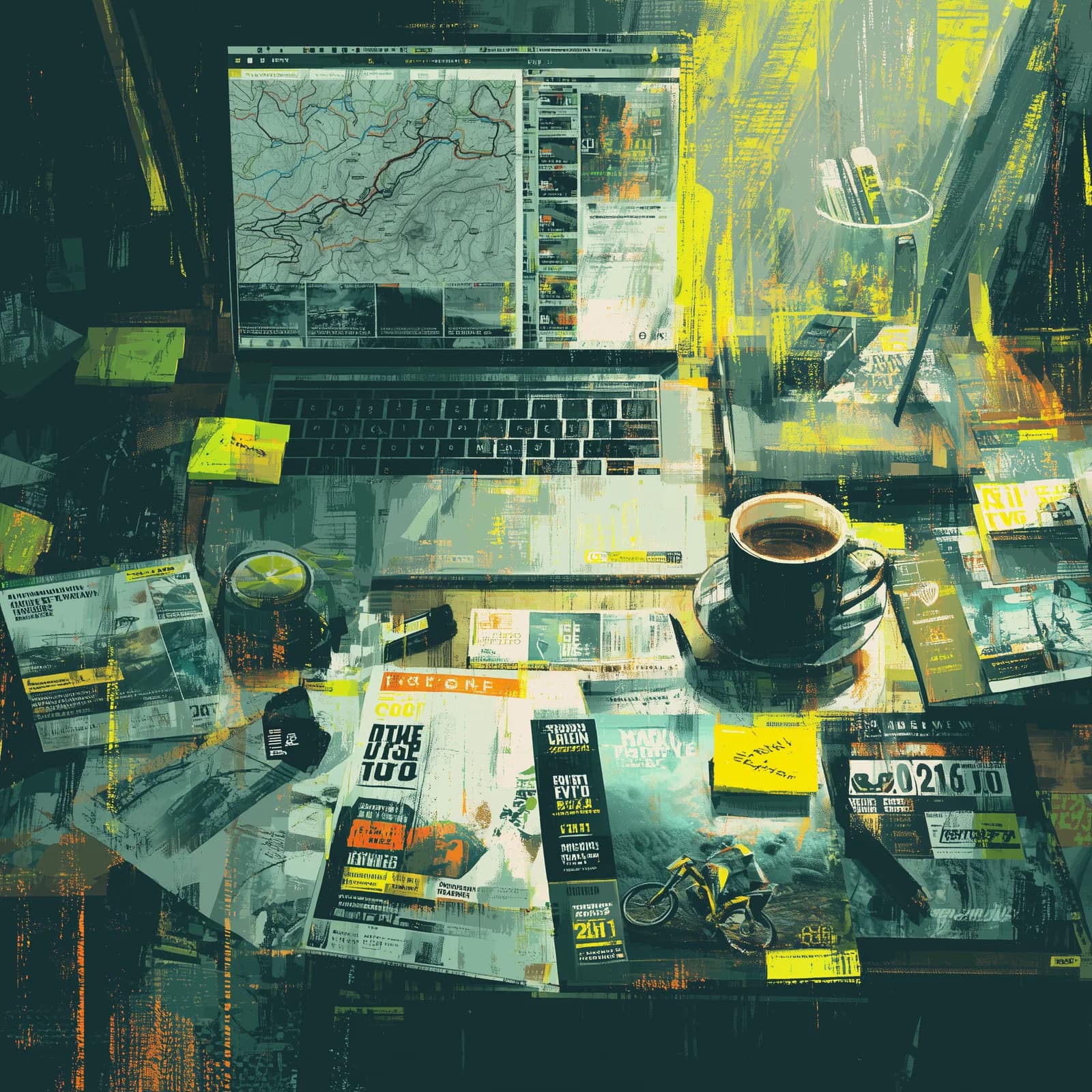 Cluttered desk with cycling race flyers and planning materials